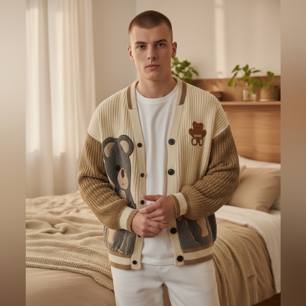 Vintage 90s Gorosei Teddy Bear‎ Varsity Cardigan Cream Knit Baseball Style